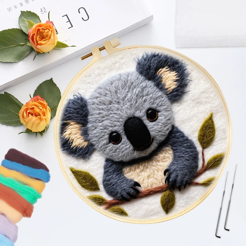 CHENISTORY Modern Needle Felting Painting With Frame Kit Koala Animal For Adults Wool Embroidery Kit Felting For Beginners