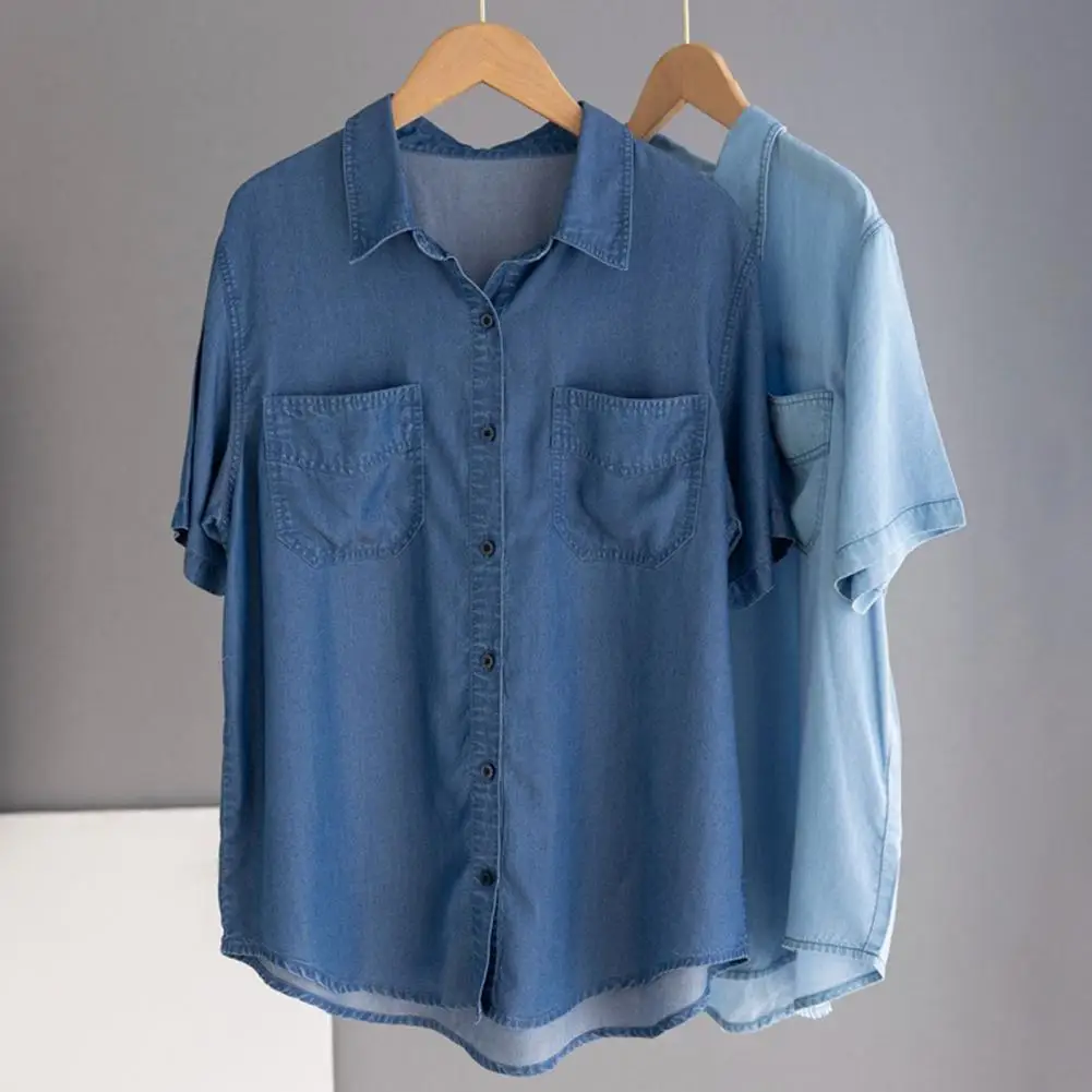 Camisa vaquera holgada para mujer, elegante camisa de manga corta con solapa y múltiples bolsillos, diseño Retro de botonadura única