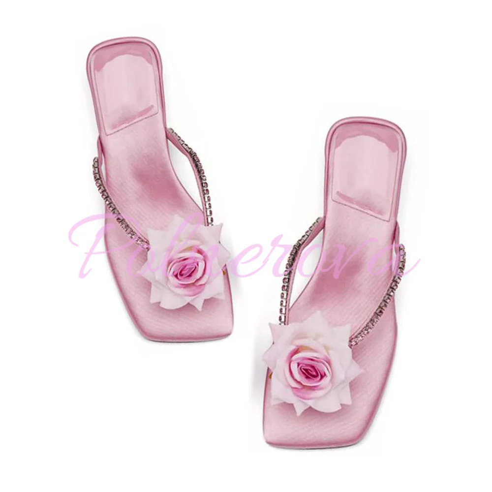 

Rhinester Satin Rose Flower Sandals Women's New Flip-Flops Women Thick Square Toe Slippers Summer Shoes Sandalias De Mujer