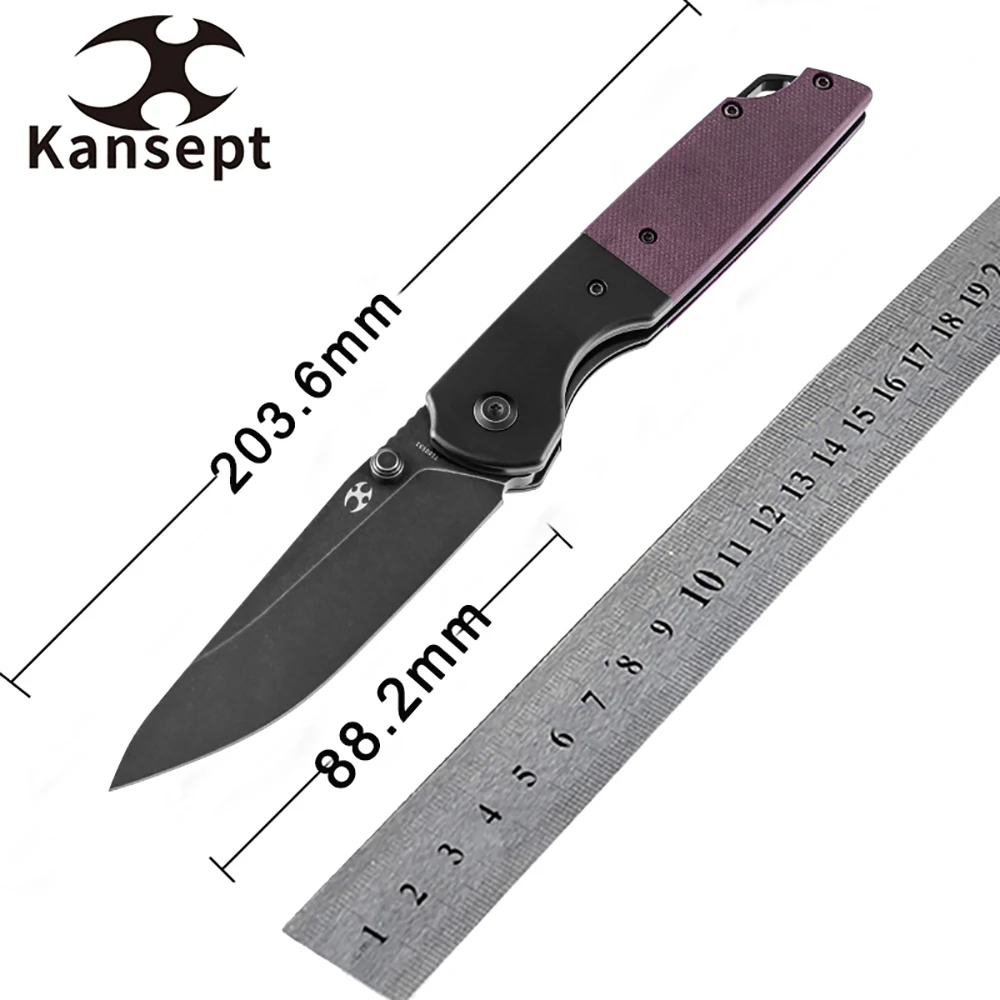 

Kansept Warrior T1005S6 Tactical Pocket Knife Black Stonewashed Drop Point D2 Blade Purple G10 Handle Survival Floding Knife