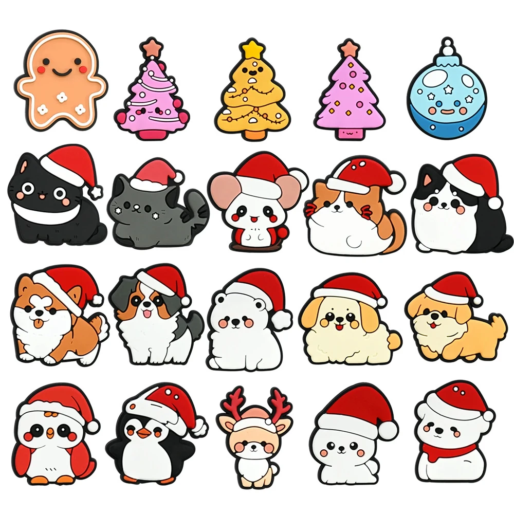 7-20PCS Christmas Dog Luminous Santa Claus Shoe Charm Mixed PVC Clog Wristband Decor Buckle Detachable DIY Waterproof Party Gift