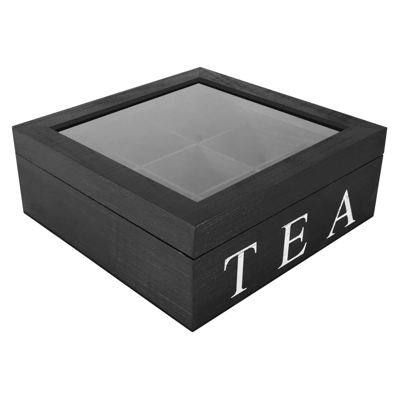 

Wooden 9 Grids Tea Box Tea Bags Container Storage Box Square Gift Box Case Transparent Top Lid Jewelry Storage Box