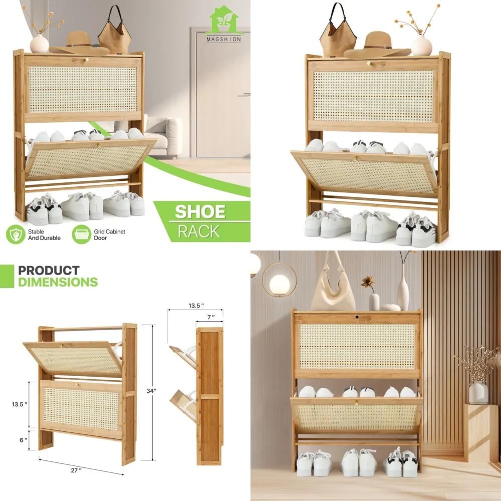 

Шкафы для обуви, 4-уровневая бамбуковая полка для обуви, 27-дюймовый органайзер для прихожей с откидными дверцами для хранения кроссовок