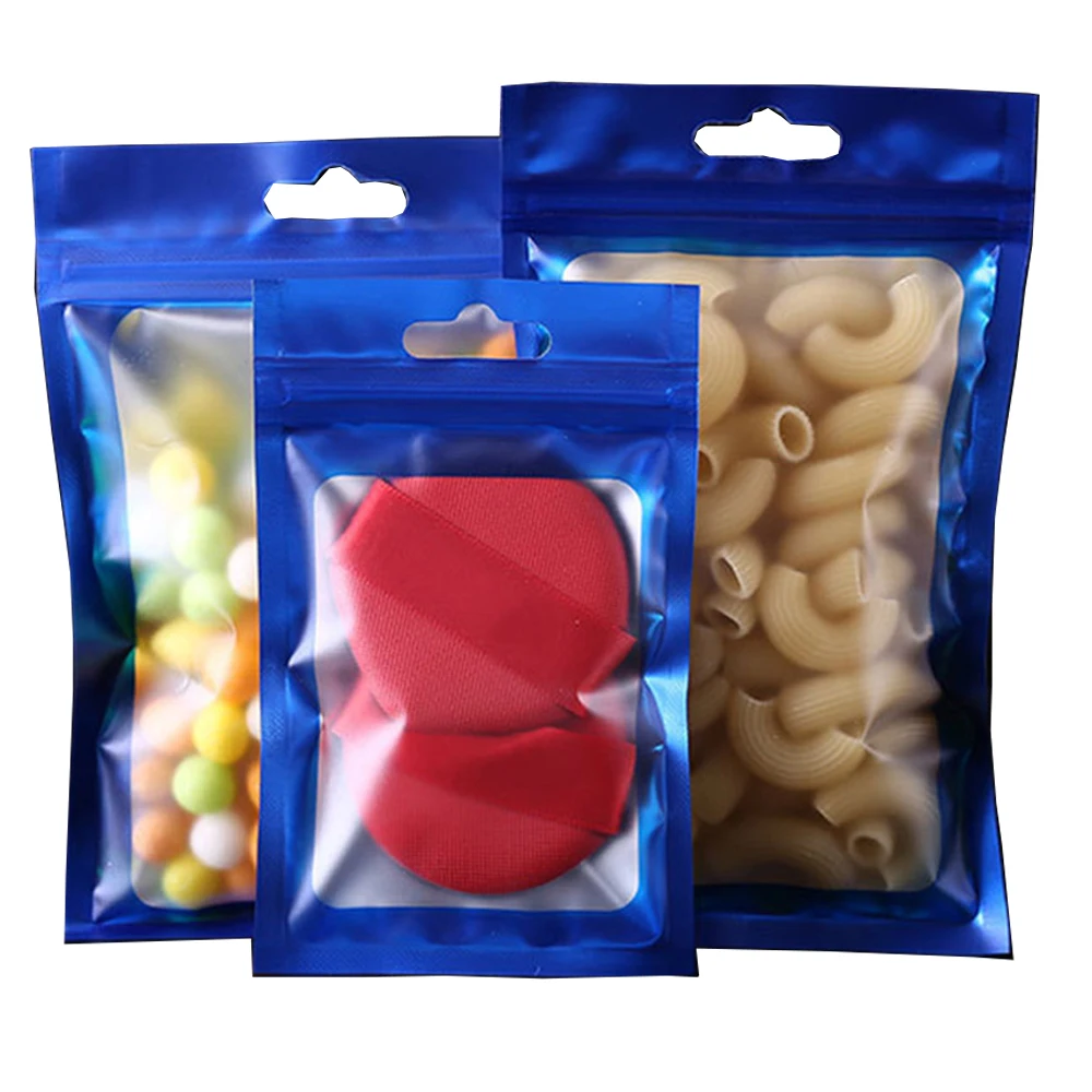 

100Pcs Blue Aluminum Foil with Hang Hole Zip Lock Tear Notch Recyclable Package Bag Matte Clear Window Zipper Bean Snack Pouches