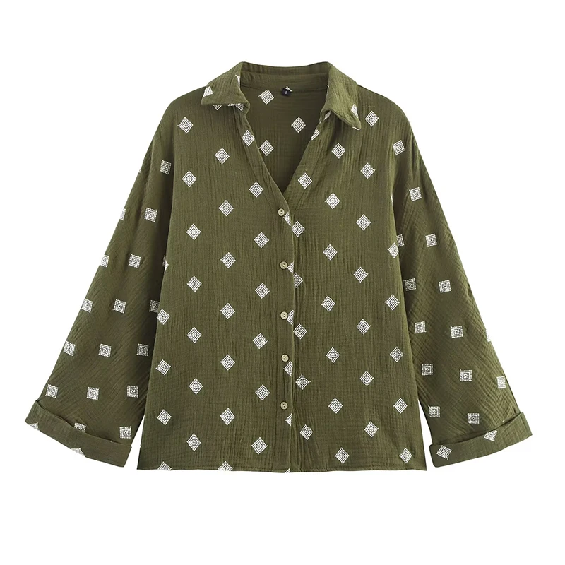 

2025 Women Green Embroidery Shirt Long Sleeve Lapel Collar Casual Loose Autumn Lady Shirts
