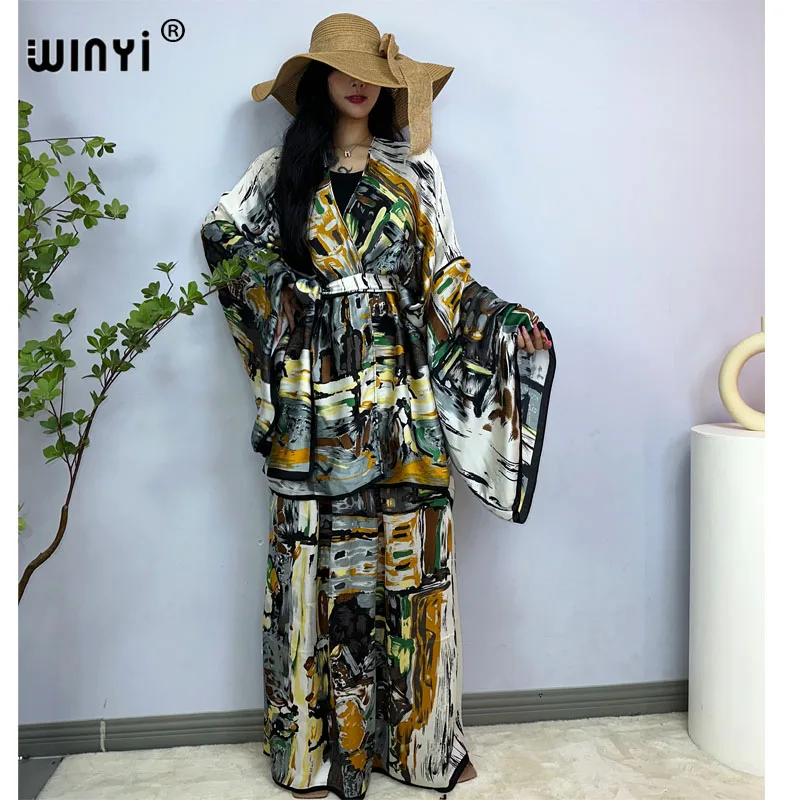 WINYI-Vestido floral midi feminino, moda quimono, estampa em totem, selo da cintura, manga comprida, casual fino, vintage, 2023