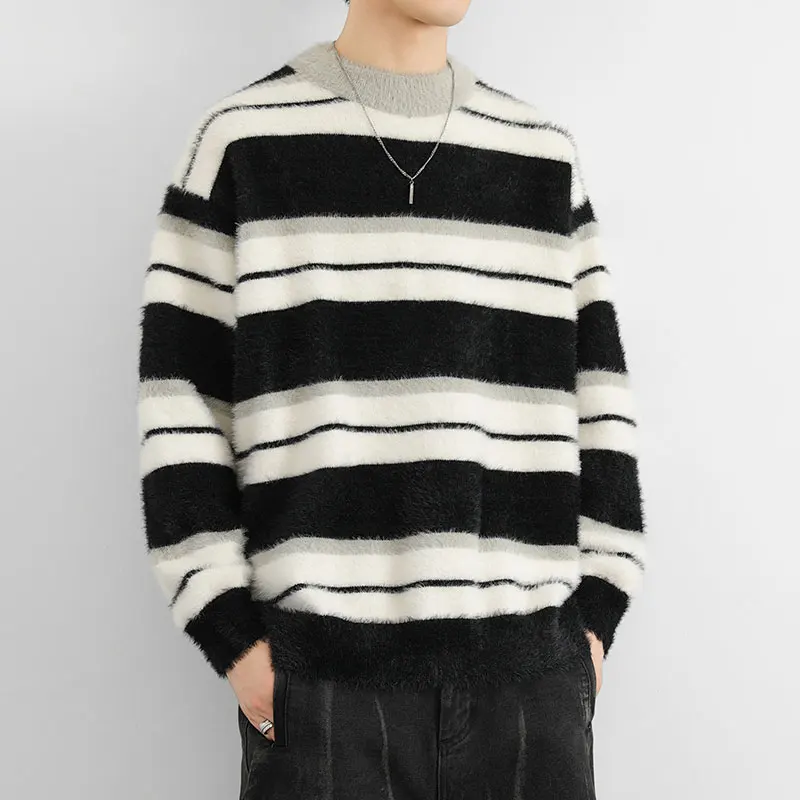 

Autumn Winter Men Sweaters Contrast Wide Stripe Casual Knitwear Pullovers Clothes Long Sleeve Warm Knit Jumper Male