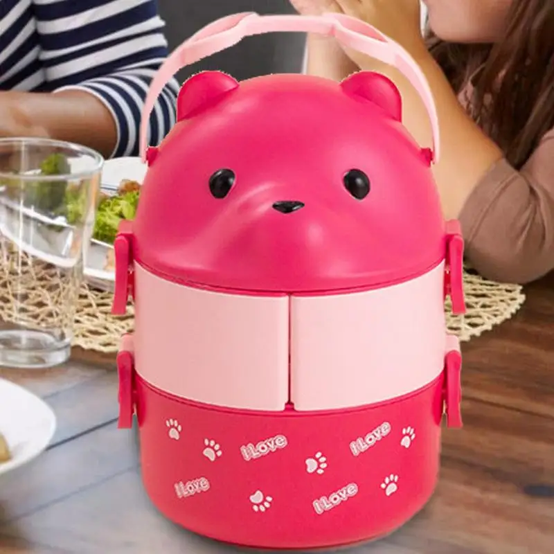 Japanese-St-yle Lunchbox With Spoon Leak Proof Large Capacity Stackable Cute Bear Design Double Layer Bento Box For Hot Food