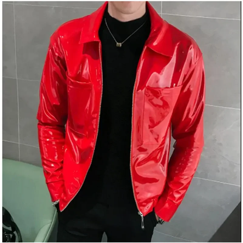 New Leather Shiny Men\'s and Coats Red Coffee Black Stage Costume Nightclub Singer Club Party Jacket Men Clothing