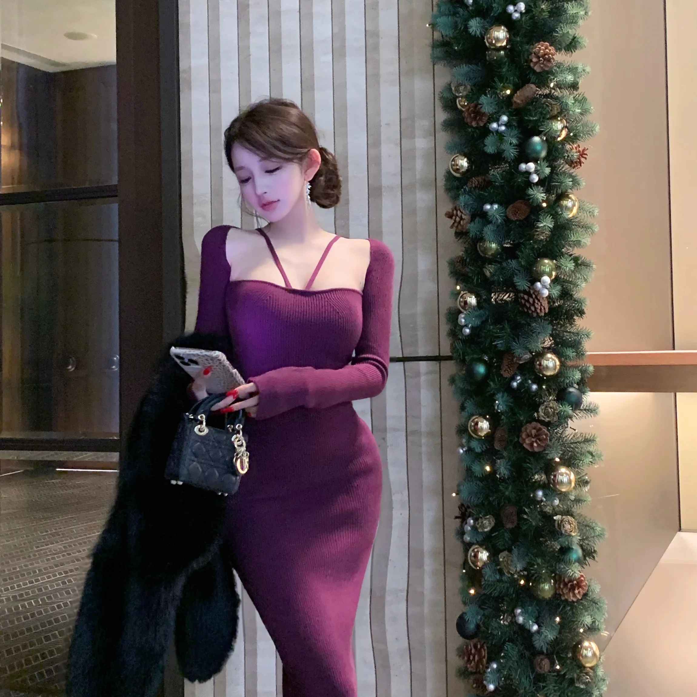 Сексуальное трикотажное платье Long Sve, женское облегающее платье с запахом, длинное платье, осень-зима, новинка, китайская мода для девочек