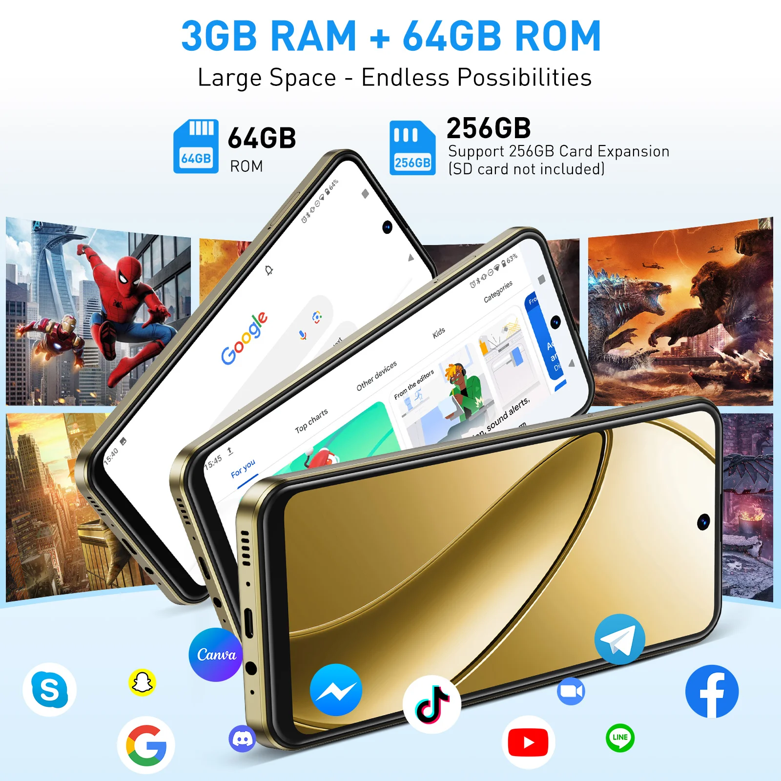 XGODY X31 Nieuw, mobiele telefoon, 6,5 inch, 3 GB RAM, 64 GB ROM, smartphone Android, 8 + 13 MP, 4250 mAh, mobiele telefoons, 4G Dual SIM, Google Play Store