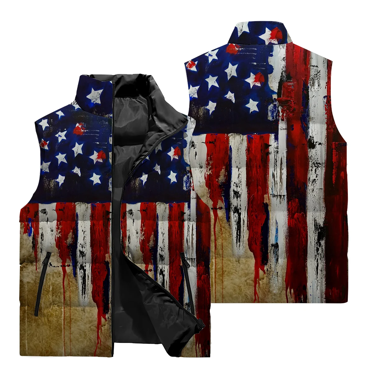 Good-looking winter fashion warm men 3D printed sleeveless vest jacket trend men stand collar warm durable vest clothing.