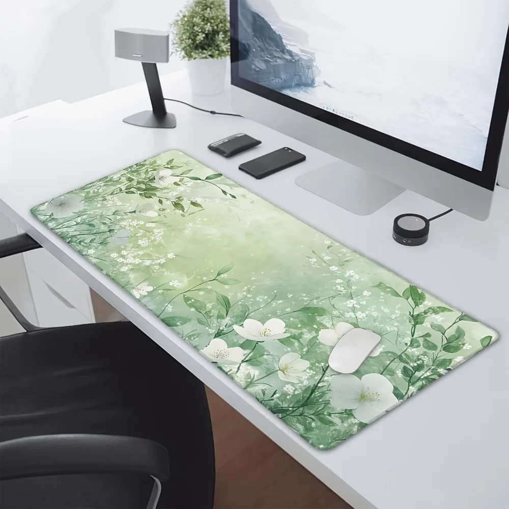 Grand tapis de souris et tapis de bureau pour jeux, avec un design floral blanc tendance, accessoires de bureau, tapis de souris