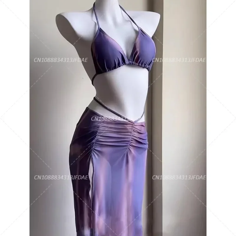 

4Pcs Purple Long Dress Bikini Sexy Swimsuit for Women Soaking in Hot Springs New Sunscreen Cover for Beach Vacation