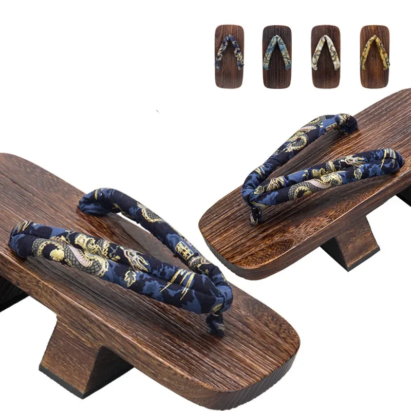 Men's Charcoal Double Heel Wood Sandals Casual Flip Flops Classic Japan Geta Beach Slippers Cosplay Clogs