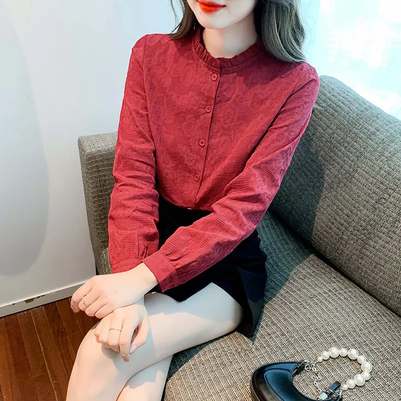 Spring Autumn New Fashion Solid Color Shirts Women's Clothing Stand Collar Long Sleeve Edible Tree Fungus Buttons Korean Tops