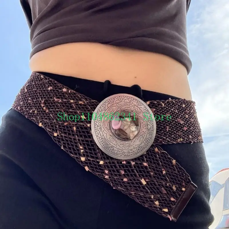 652F Stylish Elastic Woven Belt Round Disk Clasp Sash for Multiple Occasion Wear