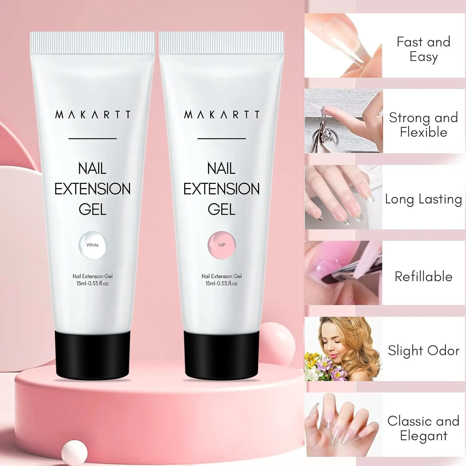 Makartt Poly Nail Gel French Manicure Kit : White Pink Hard Gel for Nail Extension 15ML, UV LED Nail Lamp, Base Top Coat