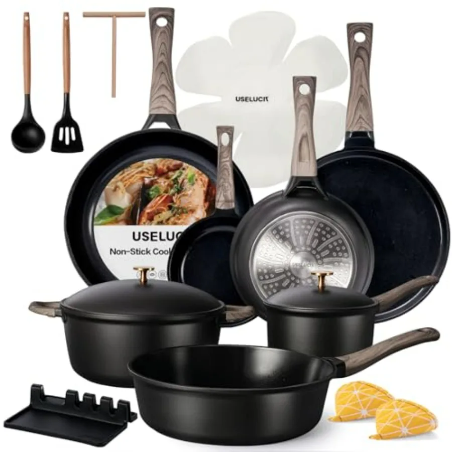 Juego de ollas y sartenes con tapa de aluminio, utensilios de cocina antiadherentes de cerámica TiCeramic, utensilios de cocina de inducción, juego de cocina antiadherente con Pa para freír, 21 Uds.