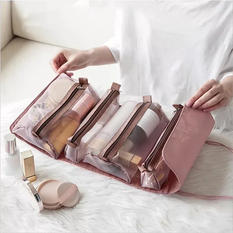 

Women's Portable Four in One Makeup Bag Travel Toilet Mesh Makeup Bag Beauty Zipper Brush Lipstick Storage Bag
