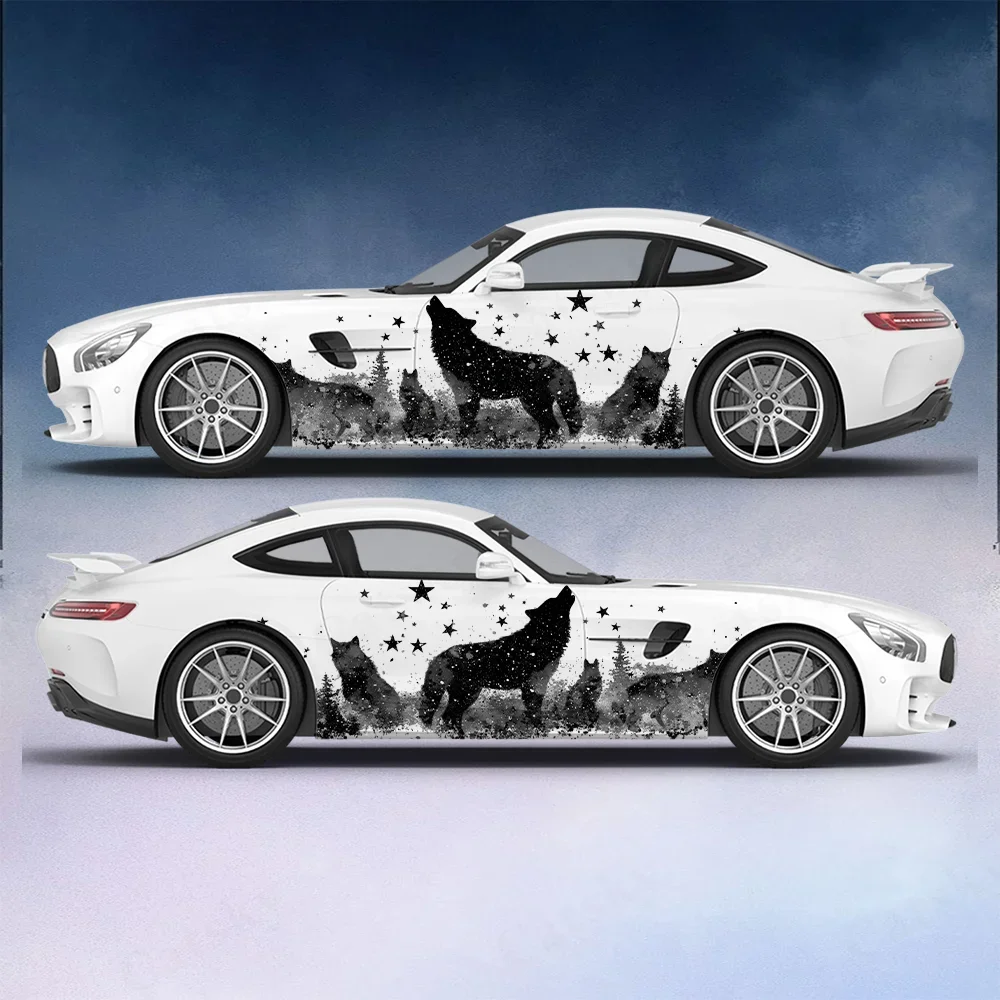 Starry Sky Silhouette Wolf Car Vinyl Wraps Decal Self-adhesive PVC Sticker Suitable for Trucks SUV Decor Auto Accessories Gift