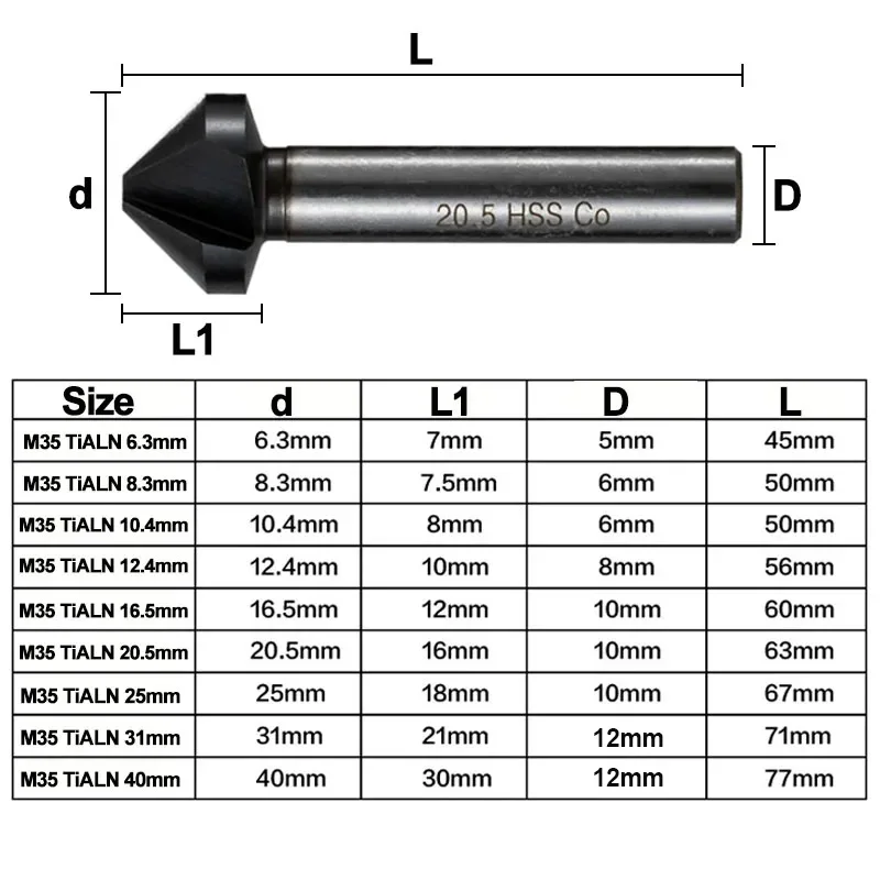 Broca avellanadora de cobalto, 6,3-40mm, 3 flautas, herramienta cortadora de chaflán de desbarbado de 90 grados para hierro, aluminio, acero inoxidable y Metal