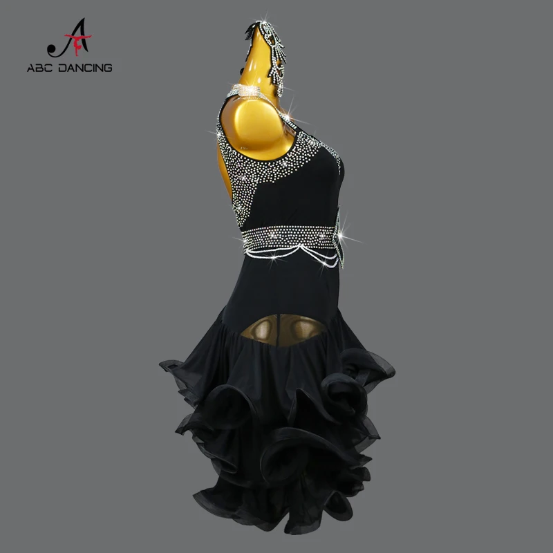 New Black Latin Dance Competition Dress Sexy Women\'s Halter Clothing Girls Ballroom Costumes Wear Bodycon Short Skirt Customized