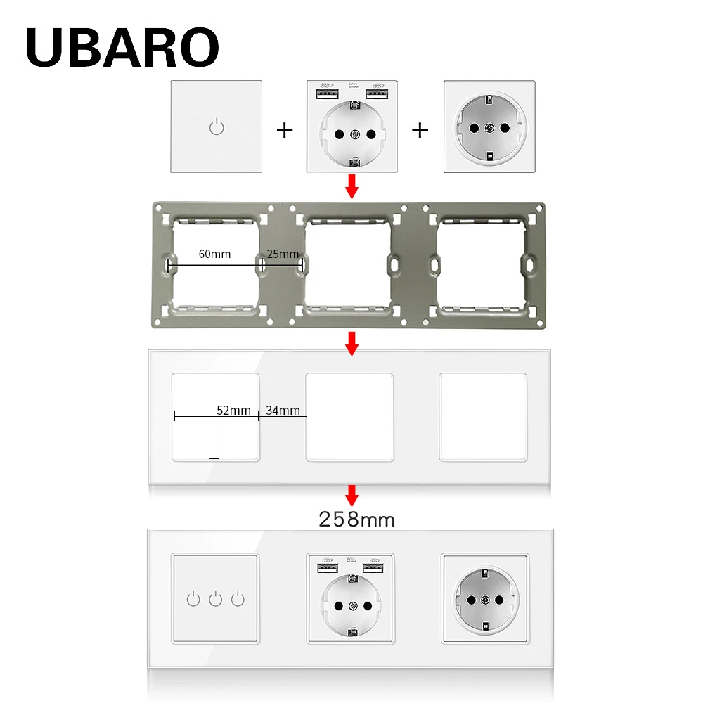 UBARO EU Type TV Socket Touch Switch DIY Installation Computer USB With Tempered Glass Frame Accessory White Home Improvement