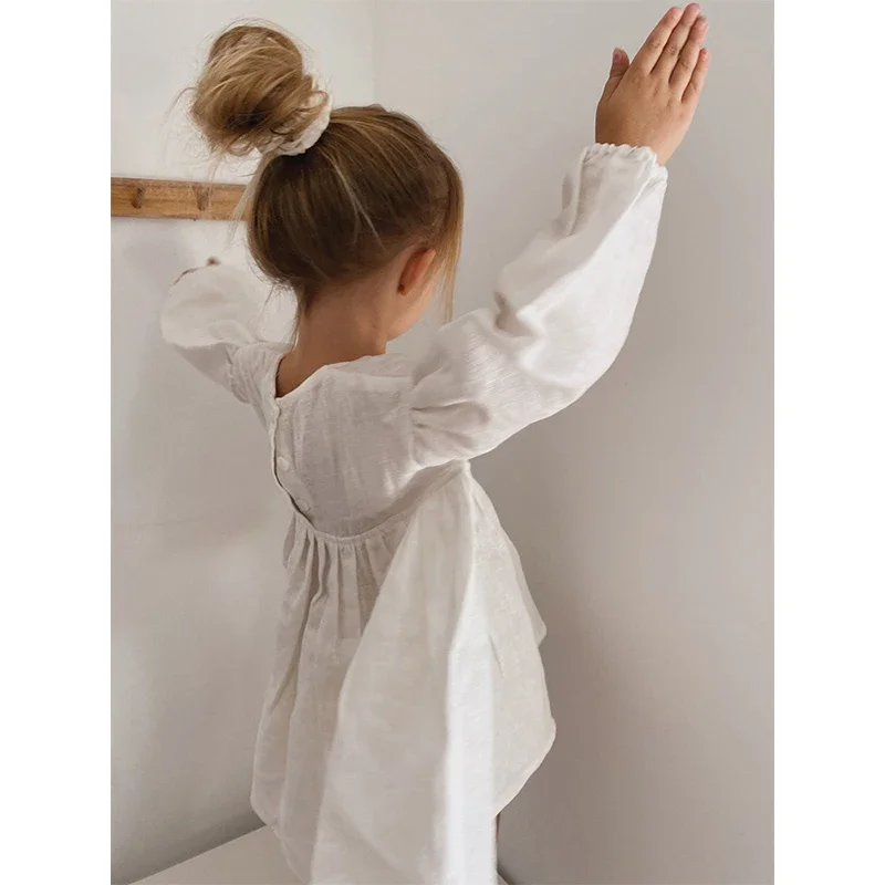 Girls White Linen V-neck Long-Sleeved Dress 2024 Spring And Summer New Baby Girl Mori Beach Cotton Linen Casual Loose Dresses