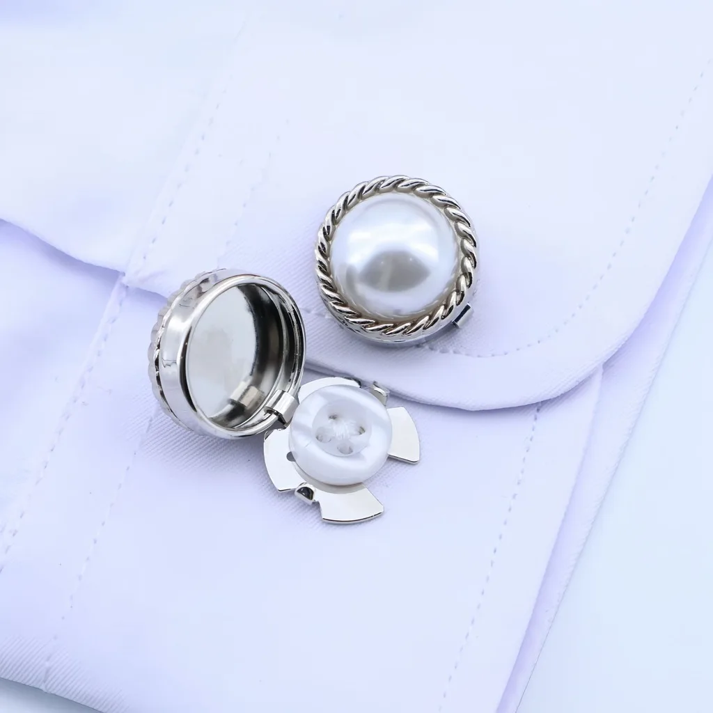 Elegant Pearl Cufflinks Metal Shirt Cuff Buttons with Rope Edge Gold Silver Tone Formal Wear Jewelry for Wedding Business Gifts