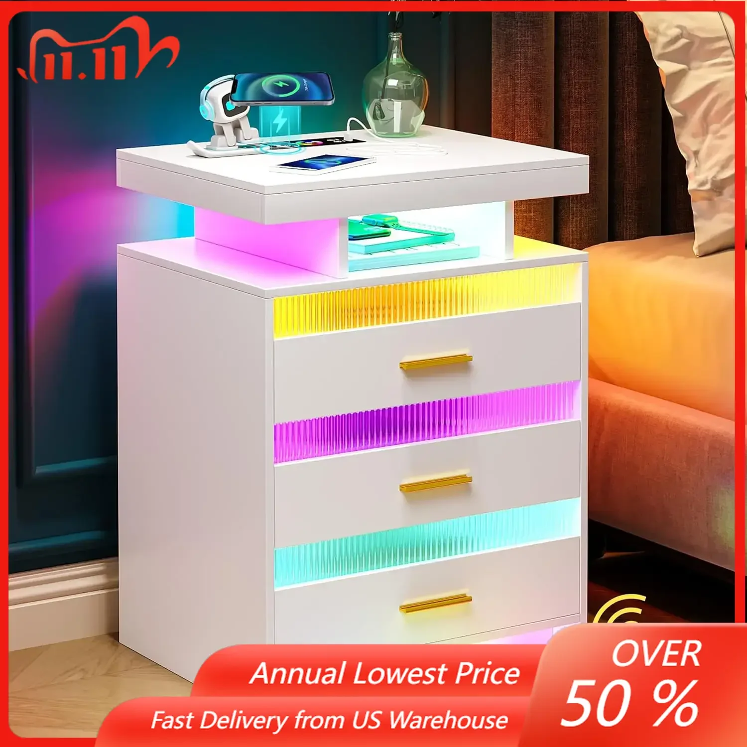 LED Nightstand with USB/Type-C/Wireless Charging Station,Smart Night Stand with 24-Color Auto RGB LED Light and 3 Drawers.