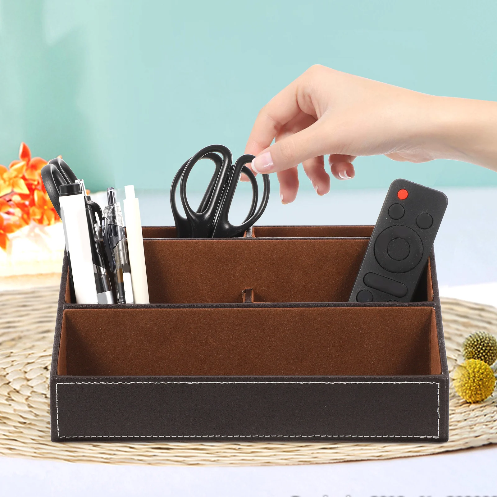 

Multifunctional Desktop Storage Organizer Rack Compartments Office Supplies Remote Control Phone Coffee Holder Modern Design