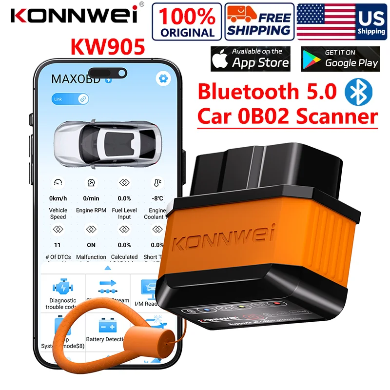 2025 KONNWEI KW905 OBD2 Bluetooth 5.0 ELM327 V1.5 Car Diagnostic Tool Engine Fault Code Reader Scanners For Android/IOS ELM 327 OBD 2