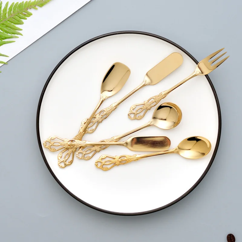 20pcs/40pcs gold Stainless Steel Cutlery set Vintage Style Tableware Metal Dinner ware set knife/fork/spoon kits Dessert tools