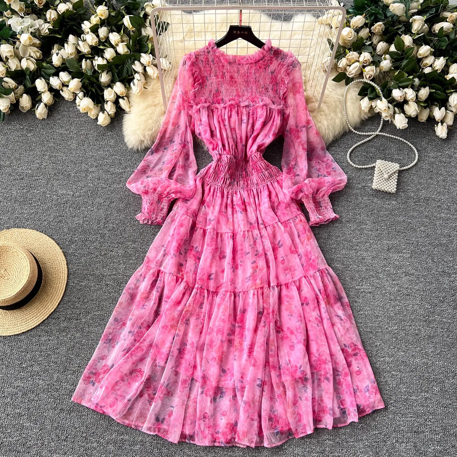 French New Gorgeous Flower Print Holiday Maxi Dress Women Ruffled Collar Lantern Sleeve Elastic Waist Chiffon Folds Long Robe