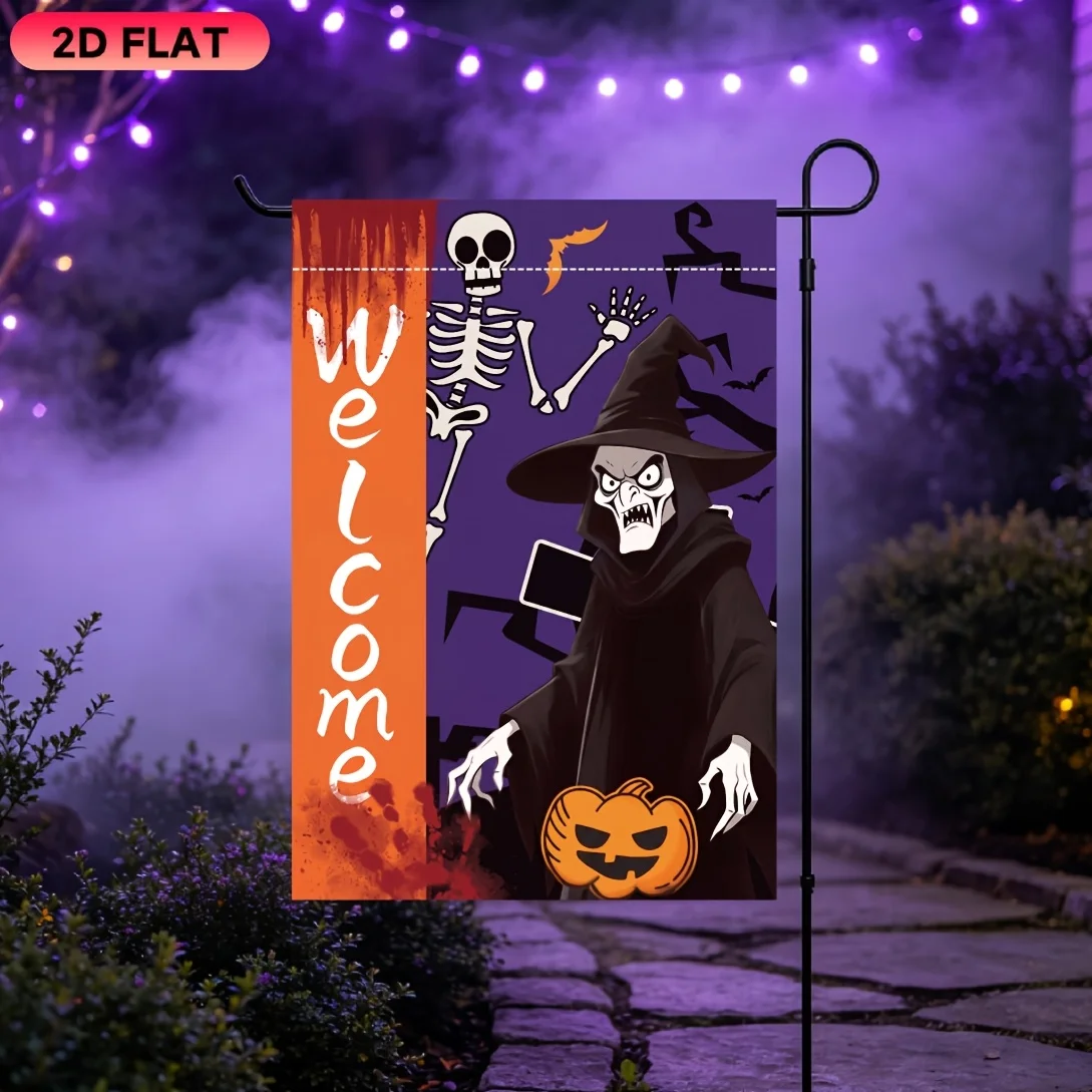 2D Flat Garden Flag 1 Piece, Purple Bottom Skull Welcome Garden Flag, Halloween Celebration Flag, Durable Polyester Material, Very Suitable for Garden, Lawn, Courtyard, Home, Outdoor, Beach Decoration Flag, Halloween Celebration Decoration Flag