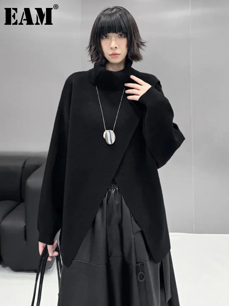 [EAM] Black Front Slit Big Size Knitting Sweater Turtleneck Long Sleeve Women Pullovers New Fashion Spring Autumn 2024 1DH8609