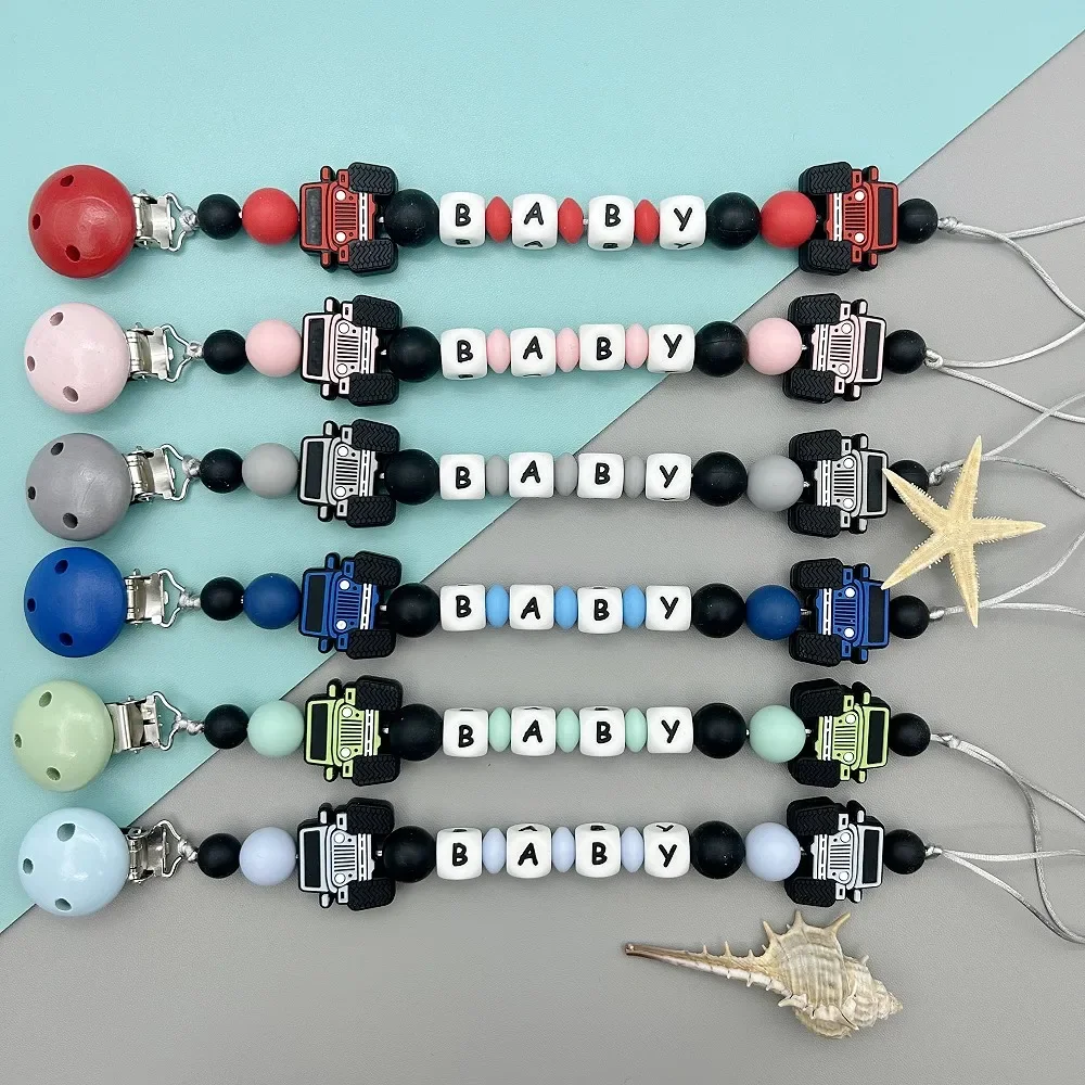 Customized English name Alphabet Name Baby Truck Clips Pacifier Holder Chain Teether Pendant Baby Accessories Kawaii Gifts