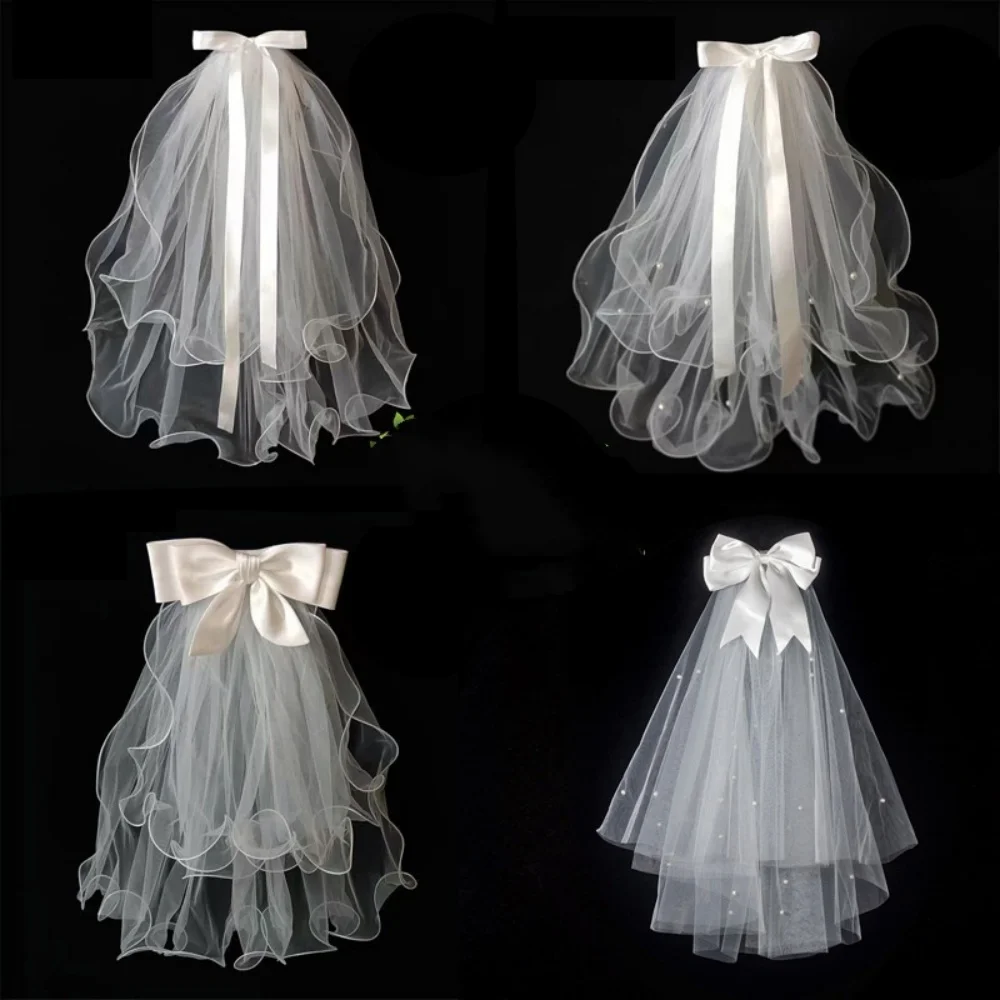 

White Bow Veil Hair Clip Comfortable Double Layer Veil Bridal Headdress Ethereal Bridal Headwear For Wedding Gift For Bride