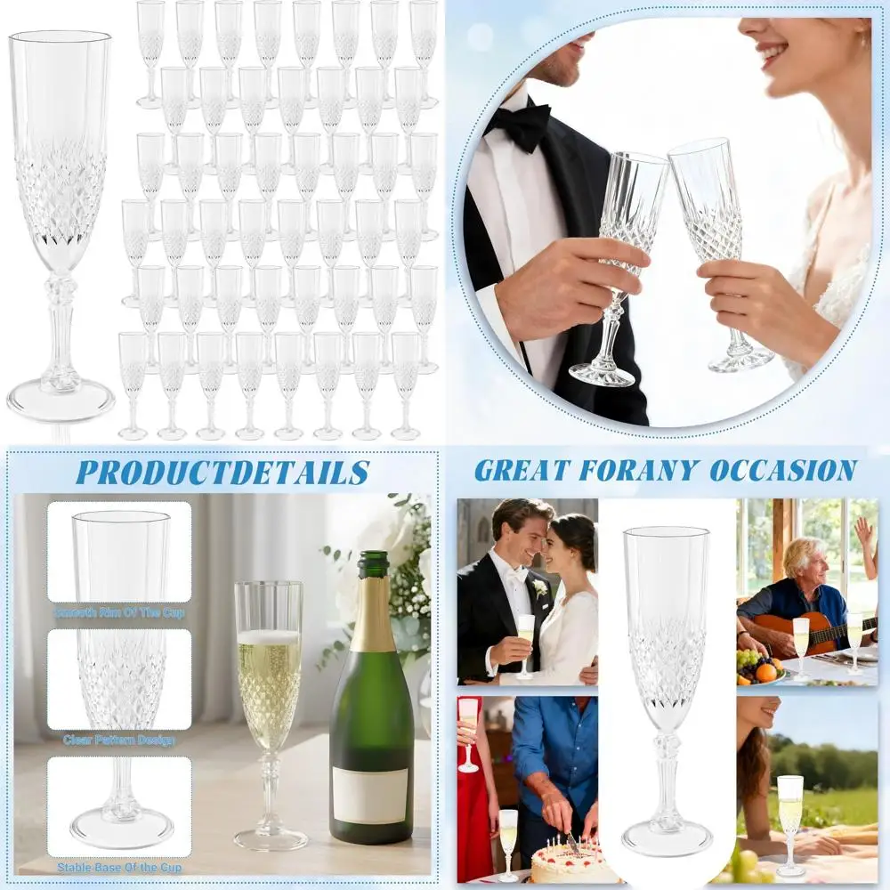 

Shatterproof Reusable Champagne Flutes, 48 Pack Transparent White Wine Glasses for Weddings, Bachelor Parties, and Special Event