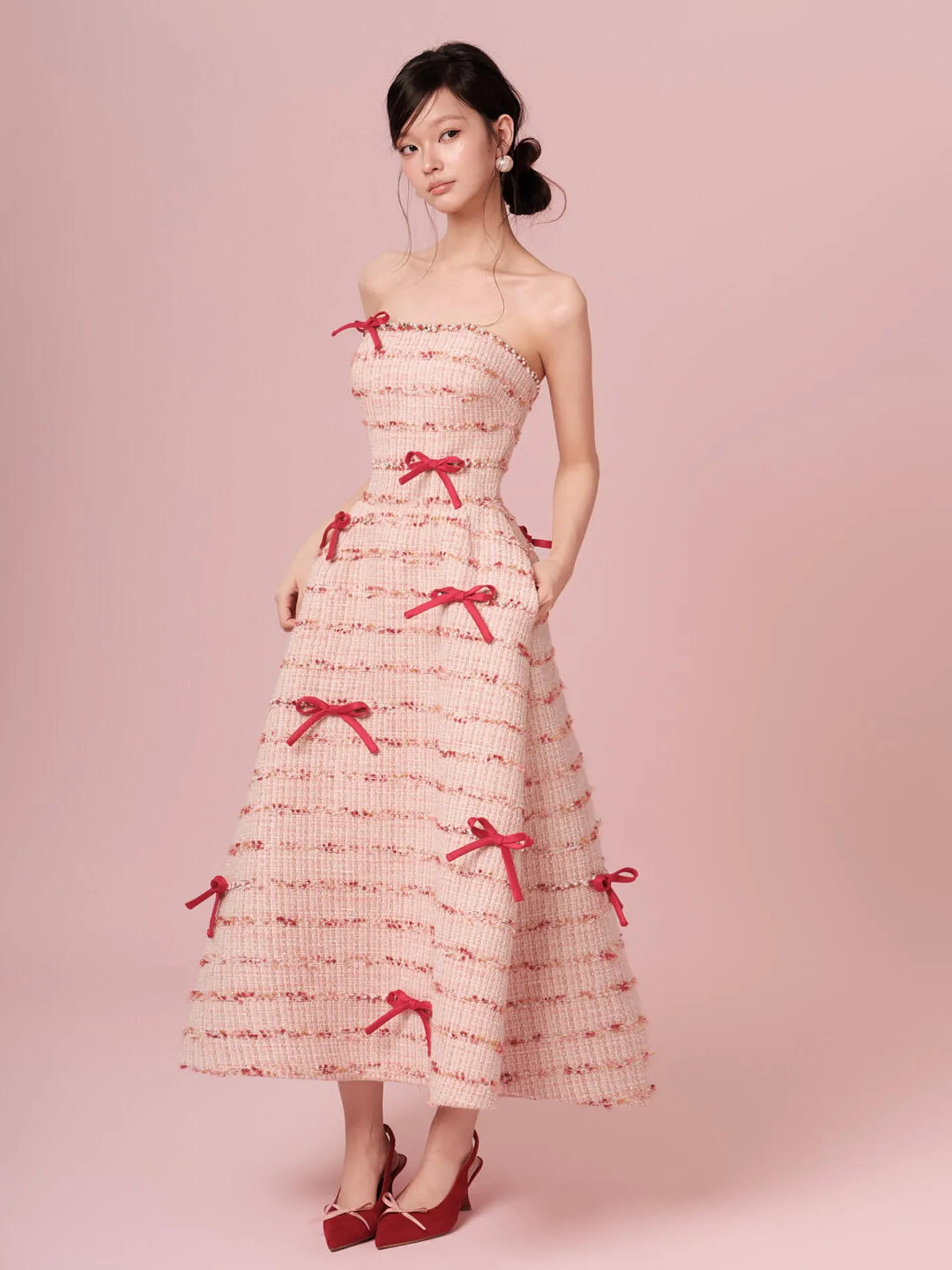 Roze strik toastjurk verlovingsbruiloft slim fit jurk verjaardagsfeestje gastheer coming-of-age ceremonie strapless jurk