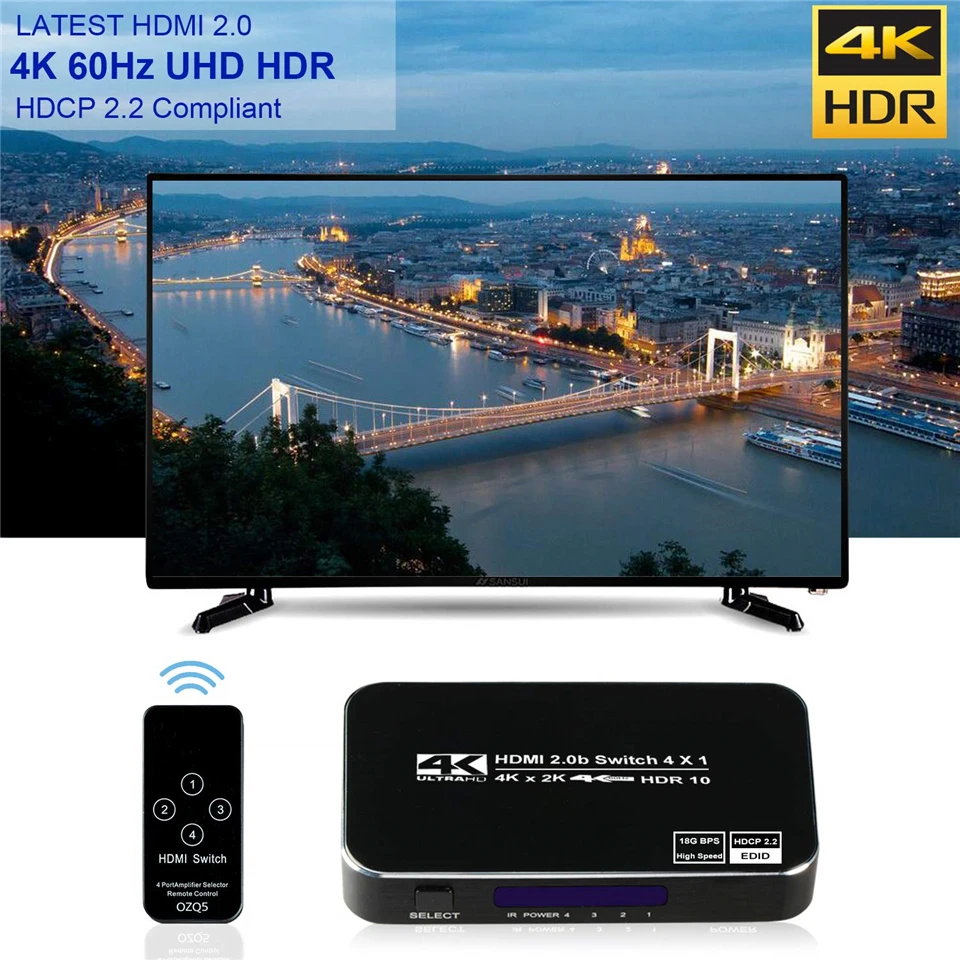 2022พอร์ต4พอร์ต18Gbps HDR 4K HDMI 2.0 4X1สนับสนุน HDCP 2.2 HDMI Switch HUB กล่อง IR Mini HDMI Switch Remote สำหรับ PS4 360