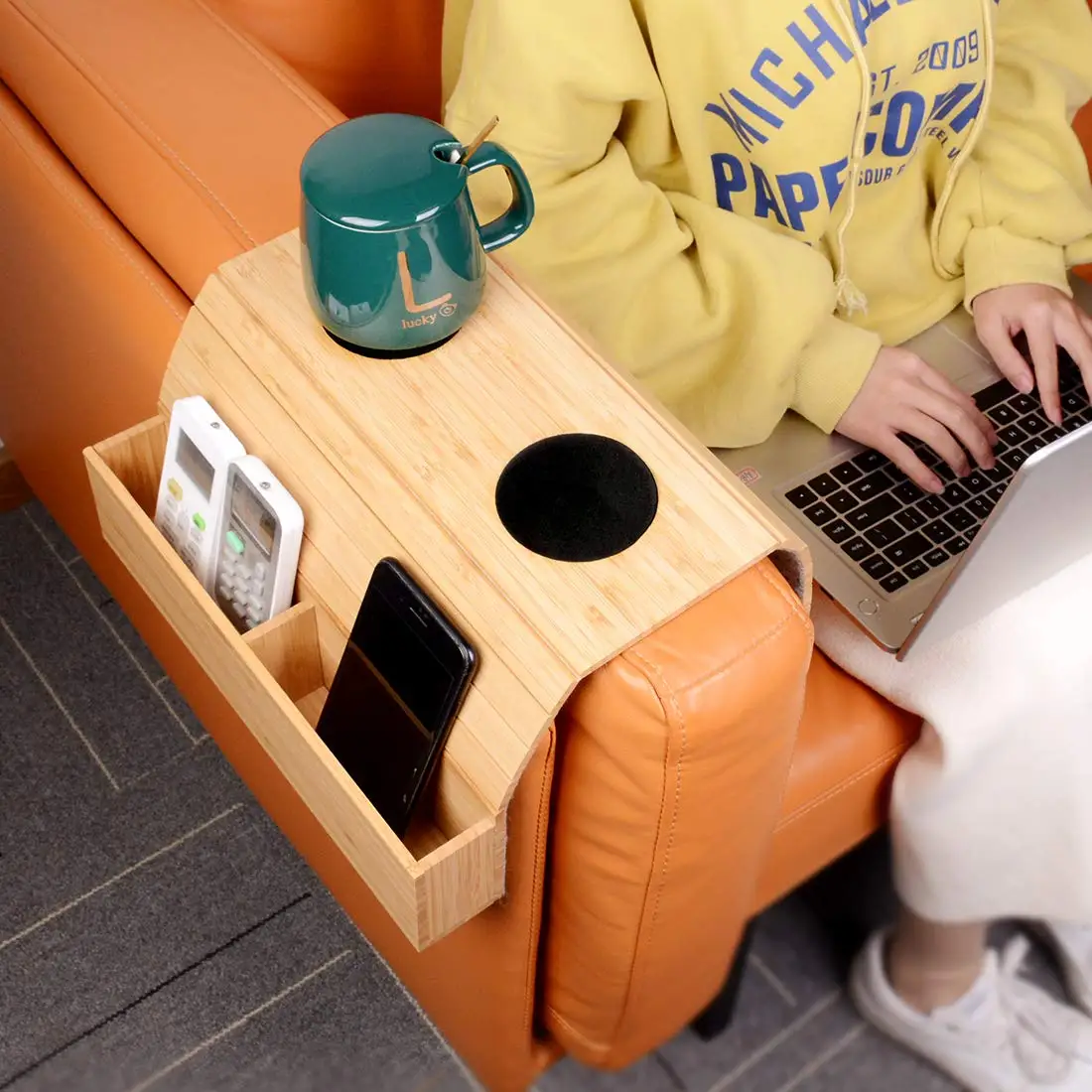 

！@Combohome Bamboo Flexible Couch Tray Cup Holder Perfect for Snack Arm Rest Sofa Side Table with Pocket Fit Over Square Chair A