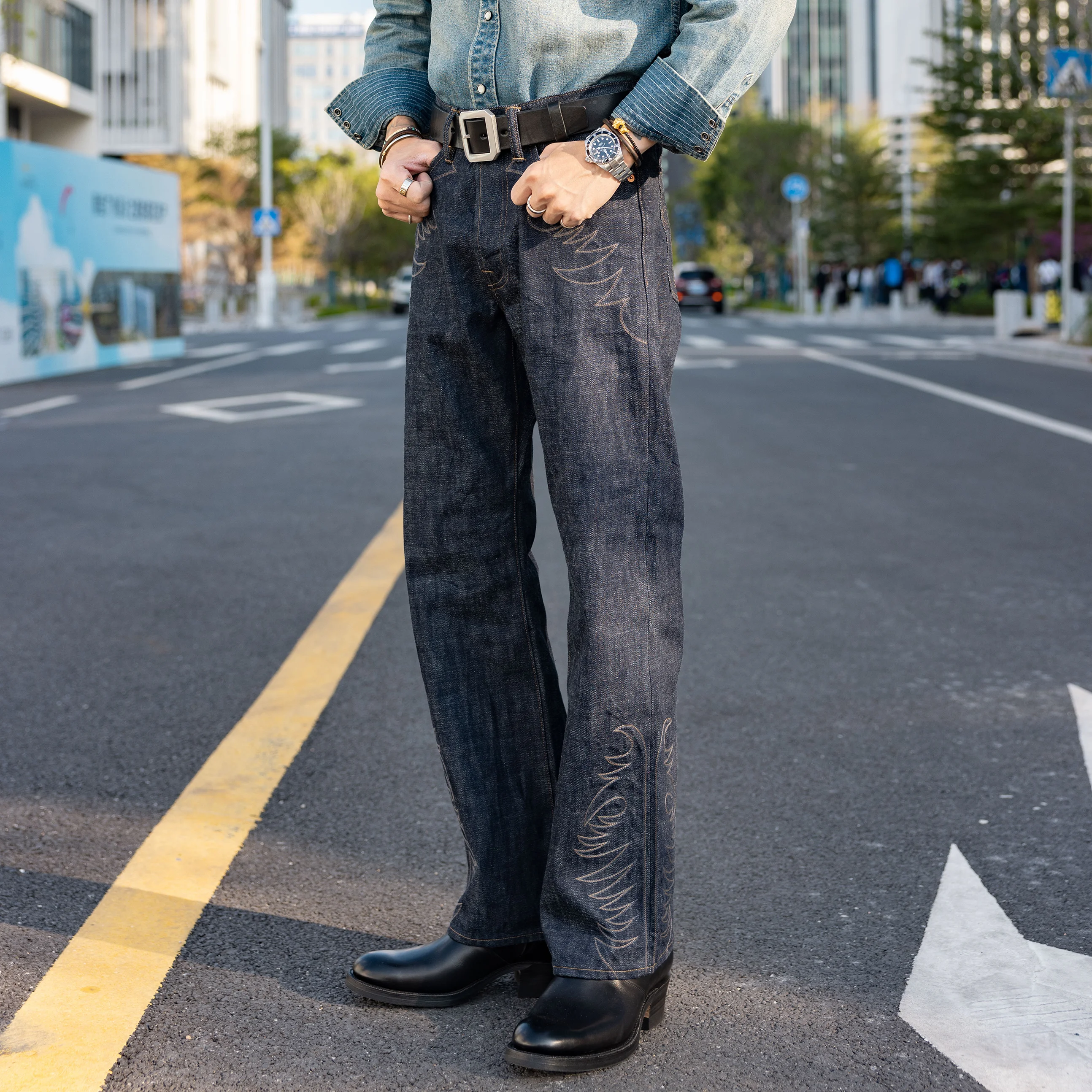 RLBT-0001 Red Tornado 16oz Boot Fitting Raw Denim Embroidery Jeans Button Fly Super Quality Indigo Selvage Washed Pants