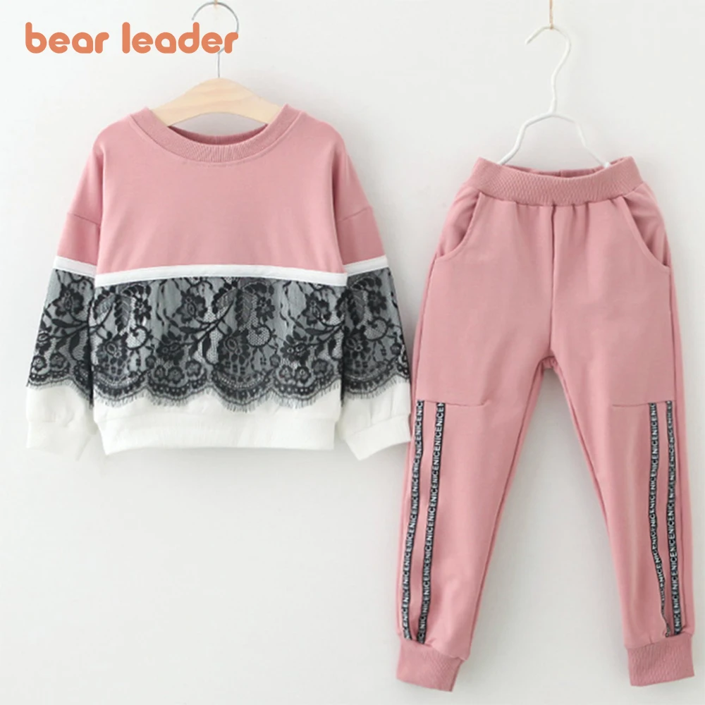 Bear Leader Girls' Clothing Children's Autumn T-shirt Pants Christmas Clothing Girls' Lace Panel Letter Decal Long Sleeve Set