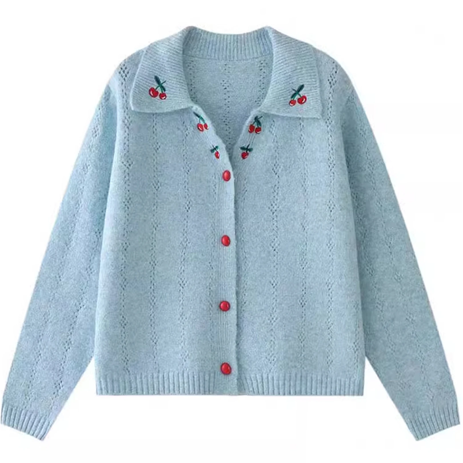 

Кардиган с отложным воротником, французский нежный стиль, свитер с вышитым вишневым узором, женский весенне-осенний новый синий мягкий вязаный топ