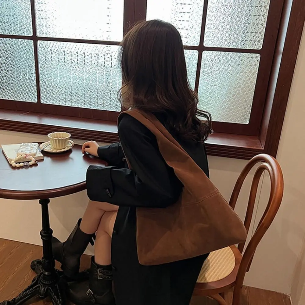 Casual Handbag Suede Shoulder Bag Brown Solid Color Hobo Bag Korean Style Fashion Ladies Tote Bag Streetwear