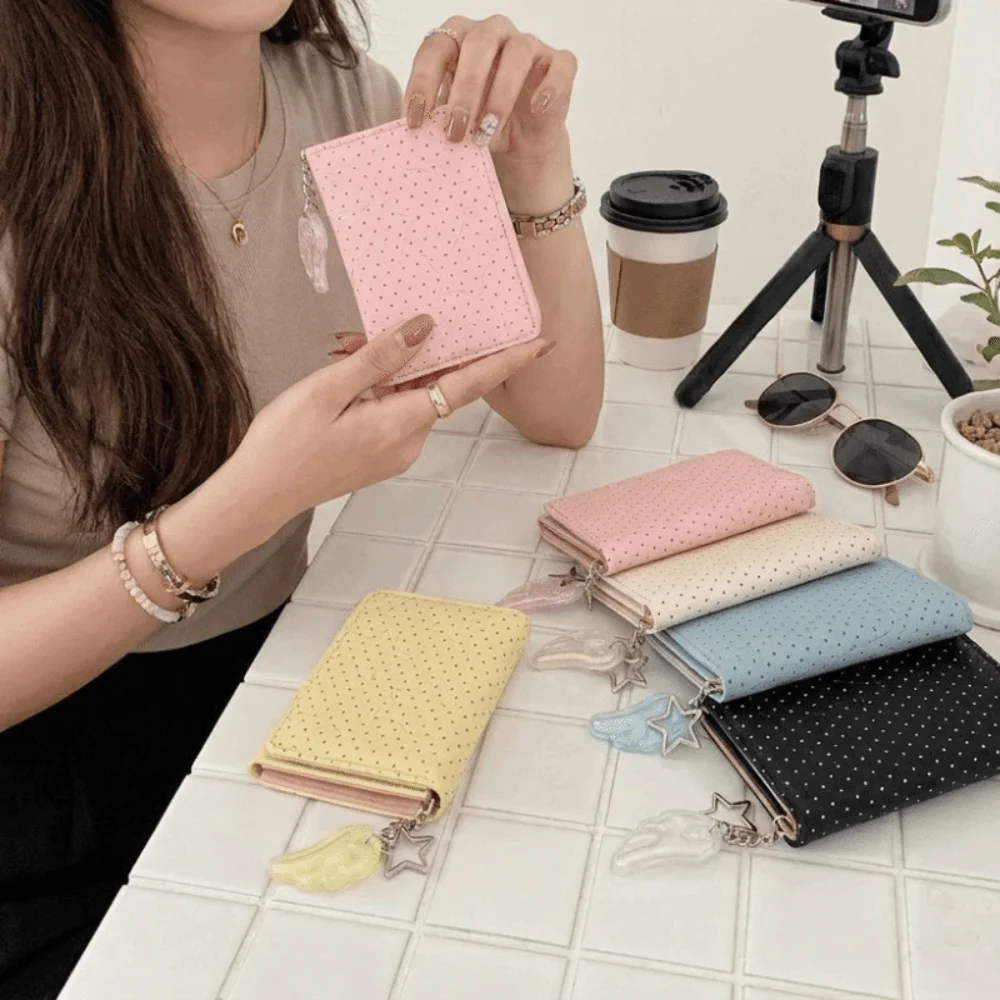 Simple PU Leather Polka Dot Trifold Wallet Star Wing Pendant 5 Card Slots Coin Purse ID Window Lightweight Mini Wallet Girls