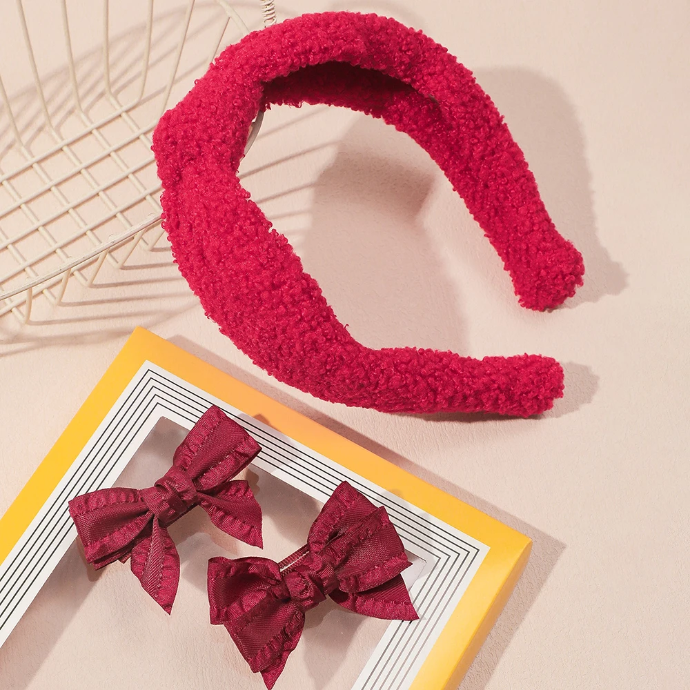 

3Pcs/Set Red Teddy velvet Headhoop and Hair Clip Set for Girls Bow Grosgrain Ribbon Hair Accessories Headwear Exquisite Gift Box