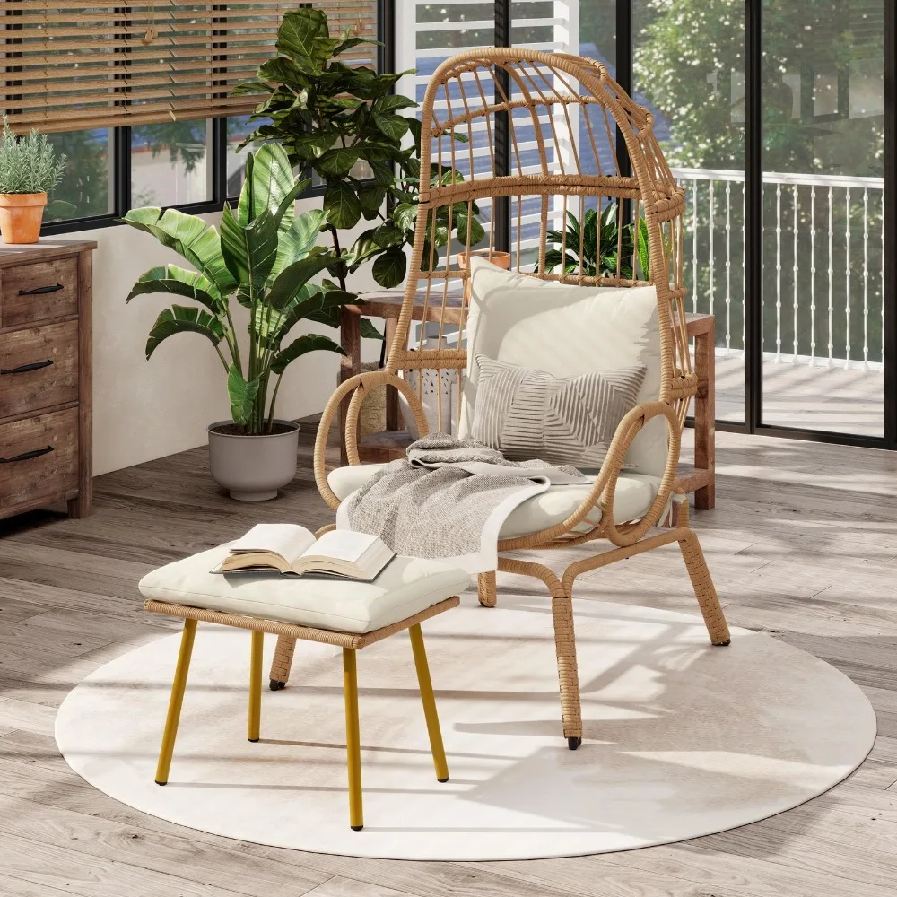 

Egg Chair with Ottoman Outdoor 370lbs Capacity Wicker for Indoor Outside